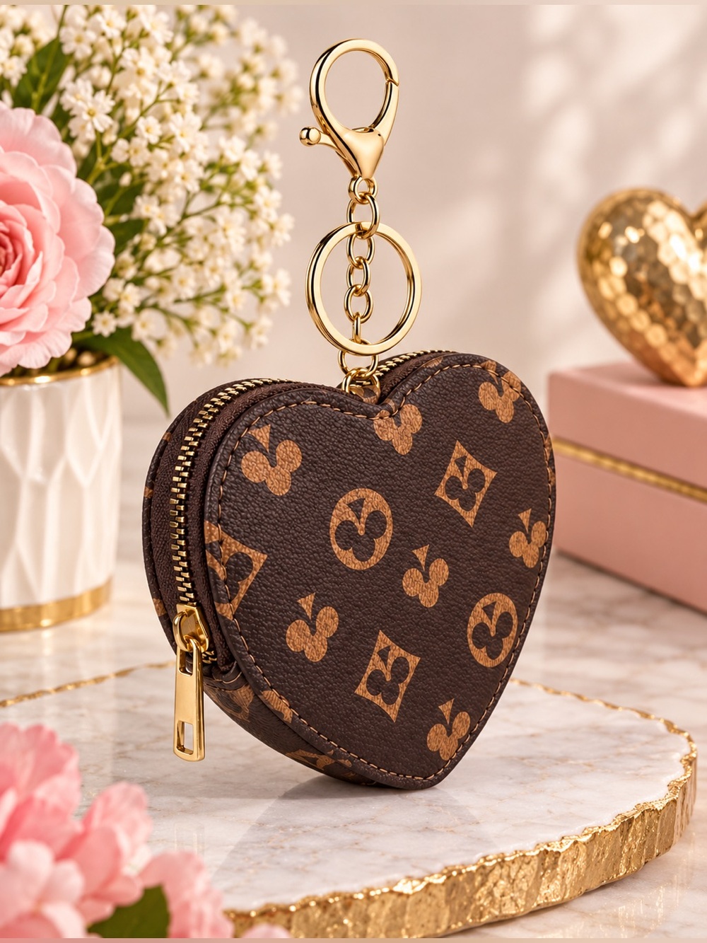 ✨ NEW Heart-Shaped Monogram Coin Purse Keychain – Brown & Gold